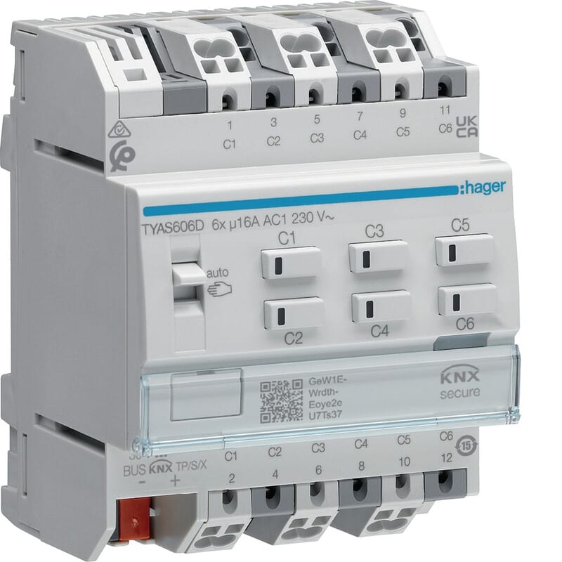 HAGER - Lähtöyksikkö KNX - TYAS606D 6x16A RLCV Secure DIN