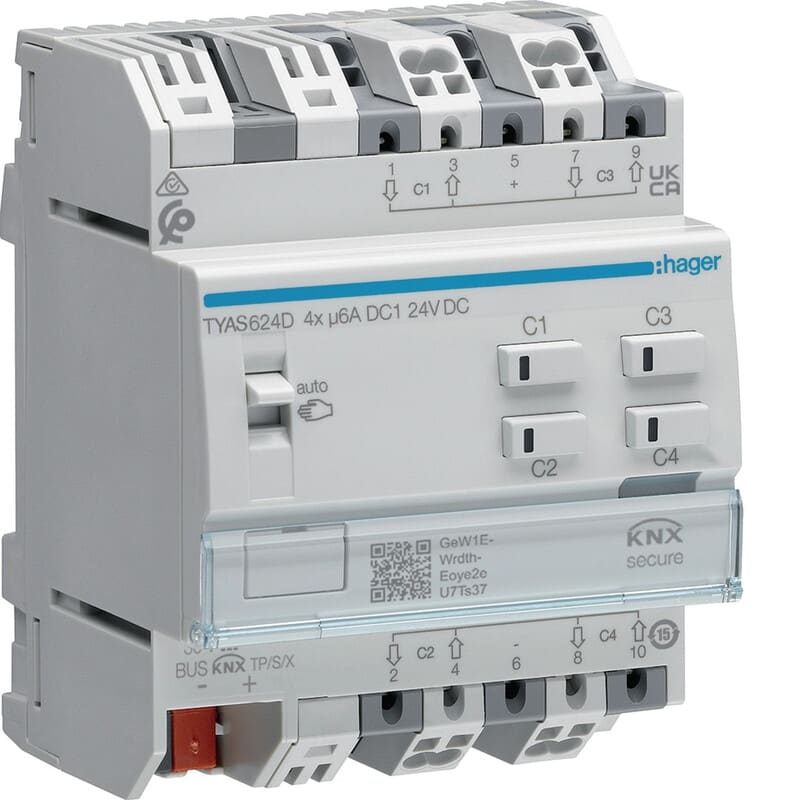 HAGER - Lähtöyksikkö KNX - TYA624D 4x6A 24VDC VS Sec DIN