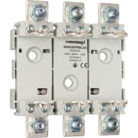 MERSEN - Varokealusta 3-nap DIN-kisko - FS 00-160A/690V P/P M8