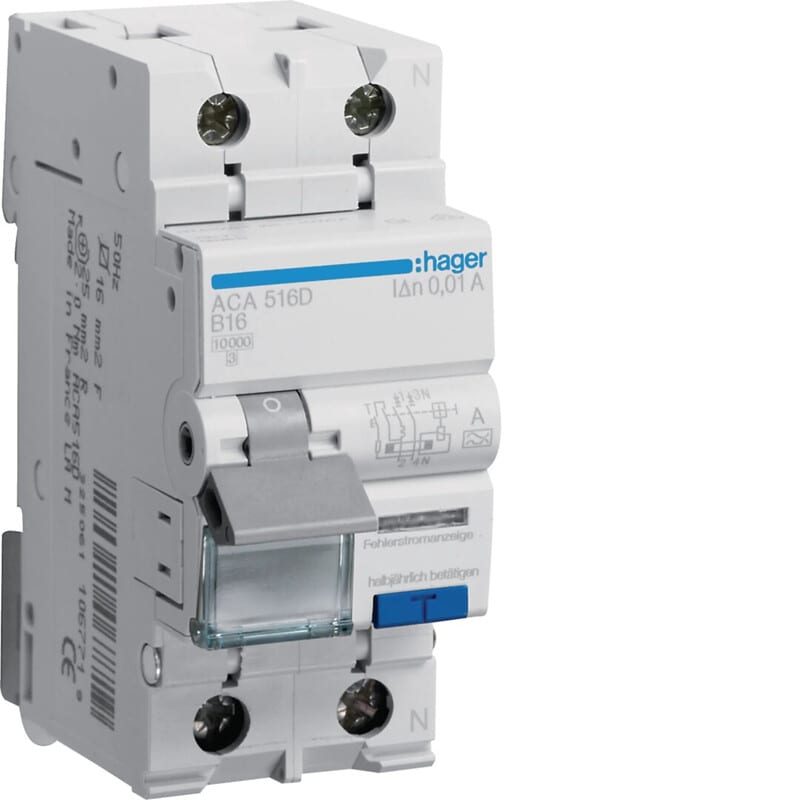 HAGER - Vikavirtajohdonsuojakatkaisija - ACA516D 10mA A/2x16A B-k. 10kA
