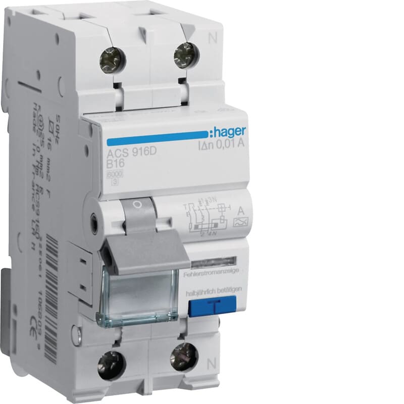 HAGER - Vikavirtajohdonsuojakatkaisija - ACS916D 10mA A/2x16A B JL 6kA