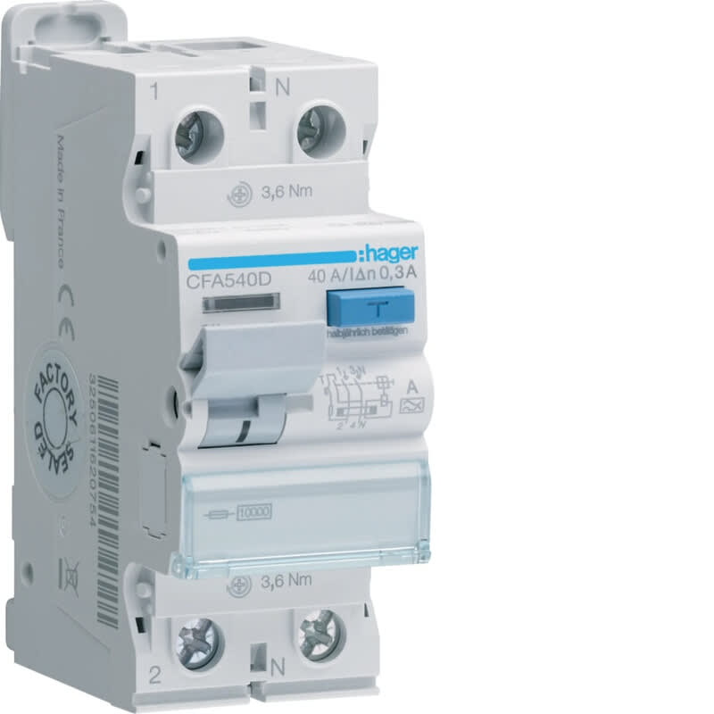 HAGER - Vikavirtasuojakytkin - CFA540D 300mA A/2x40A 10kA