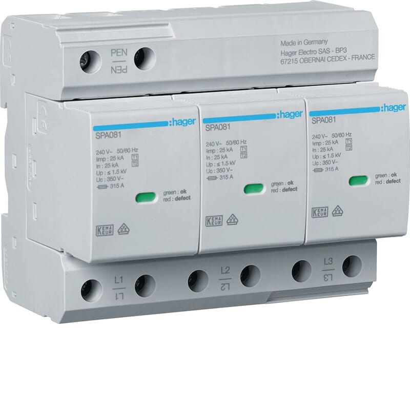 HAGER - Ylijännitesuoja kiinteistö - SPA800 3N T1+T2 1.5kV 75kA häl
