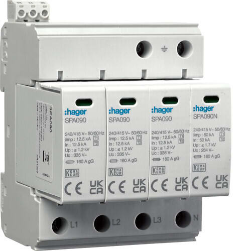 HAGER - Ylijännitesuoja kiinteistö - SPA931 4N T1+T2 1.2kV 50kA häl