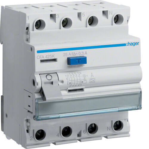 HAGER - Vikavirtasuojakytkin A-tyyppi - CFA425K 300mA/4X25A