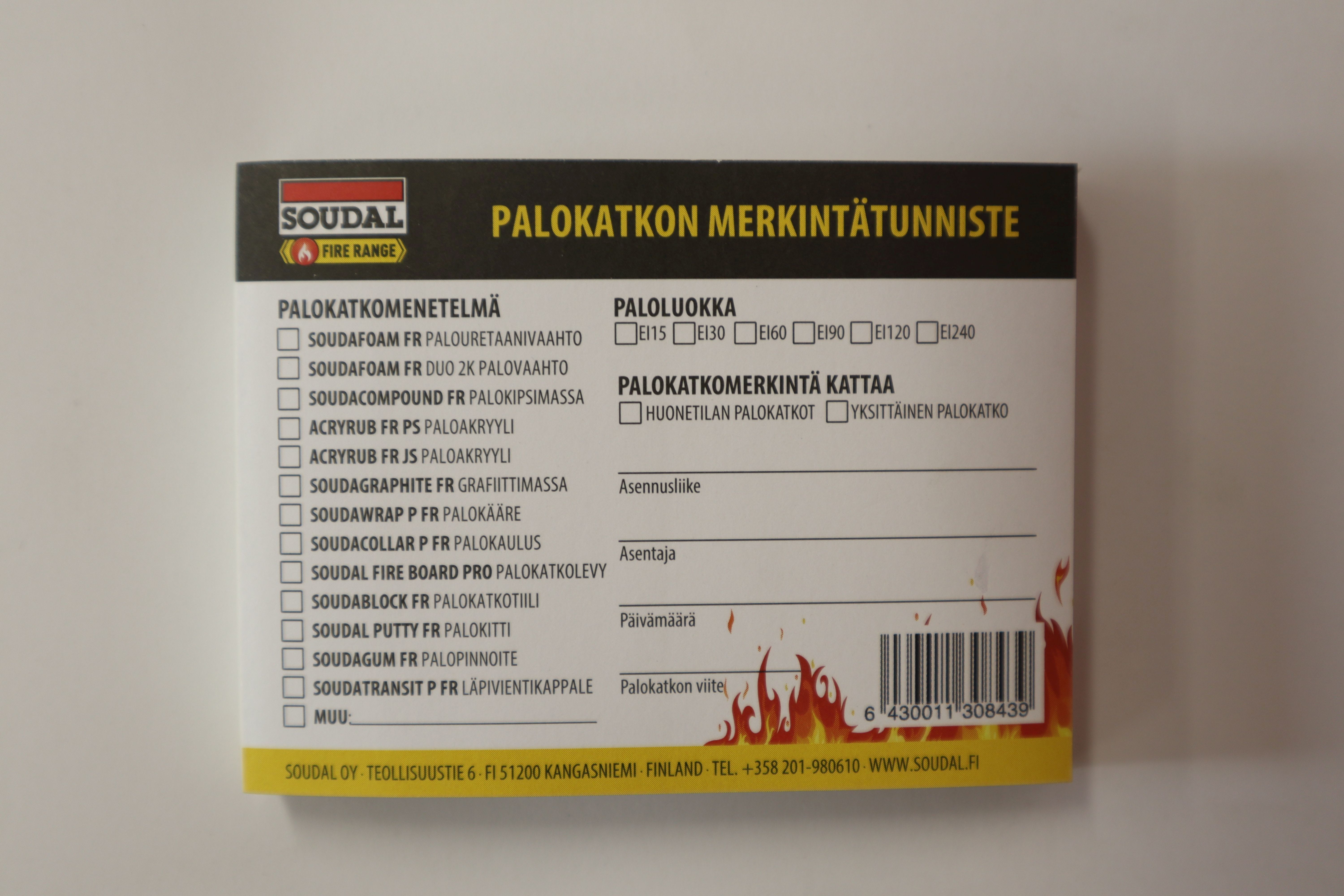 SOUDAL - Merkintätarra - Palokatkotarra (50kpl nippu)