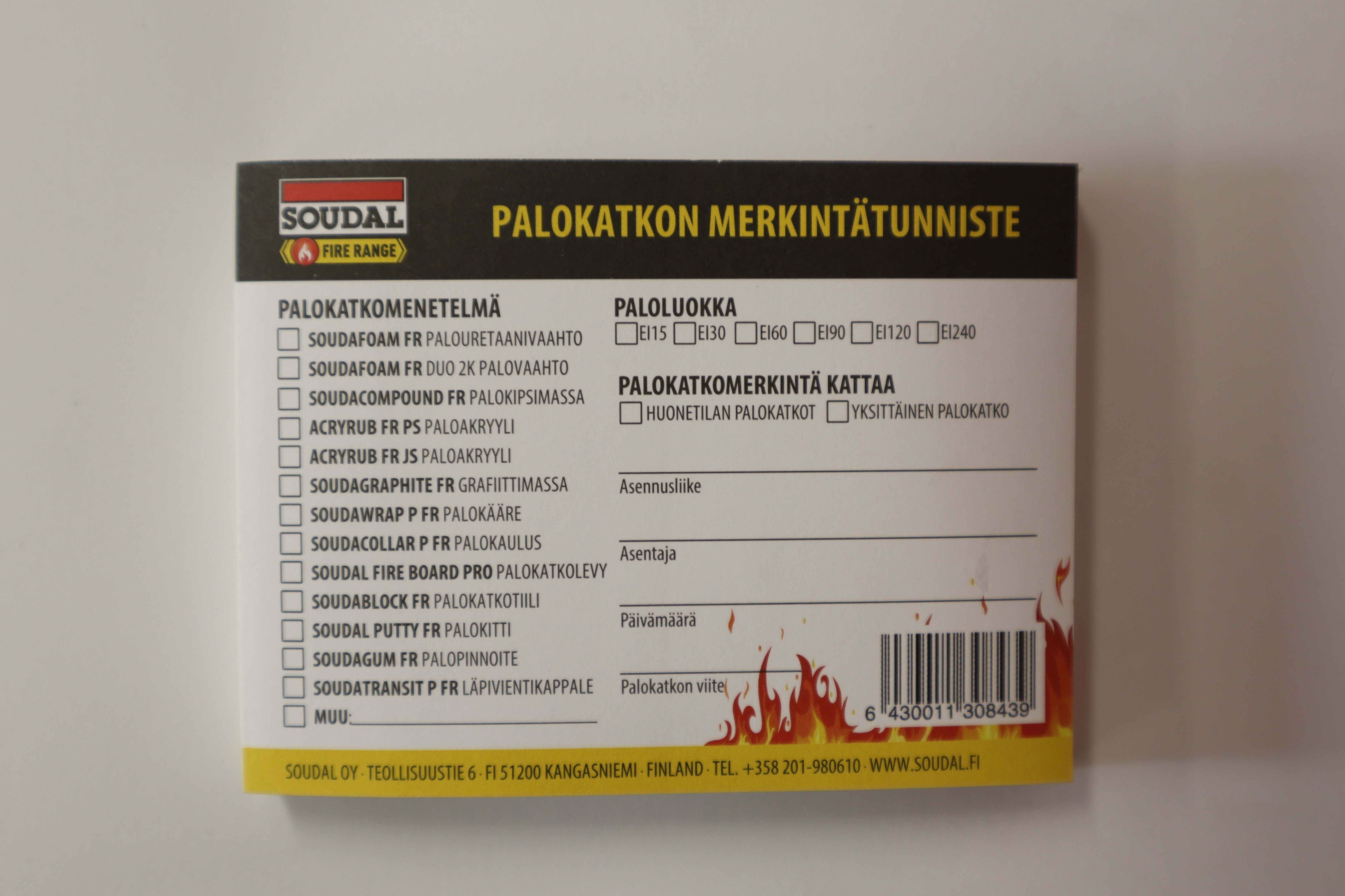 SOUDAL - Merkintätarra - Palokatkotarra (50kpl nippu)