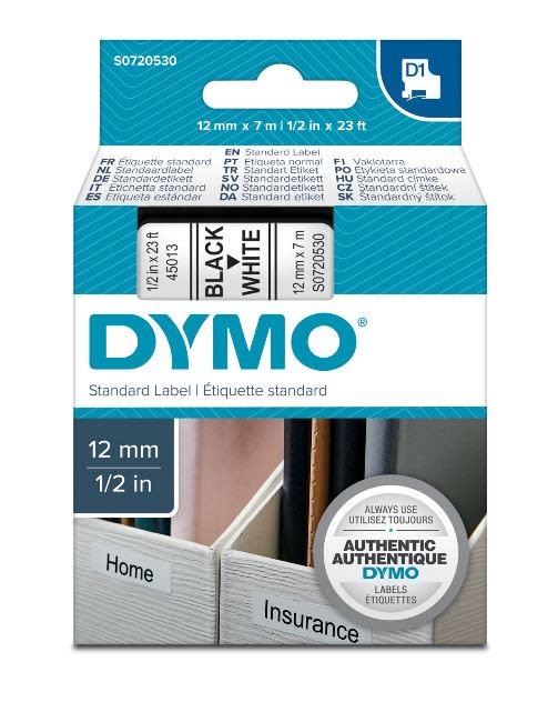DYMO - Teippikasetti 12 mm x 7 m - MUSTA/VALKOINEN 45013