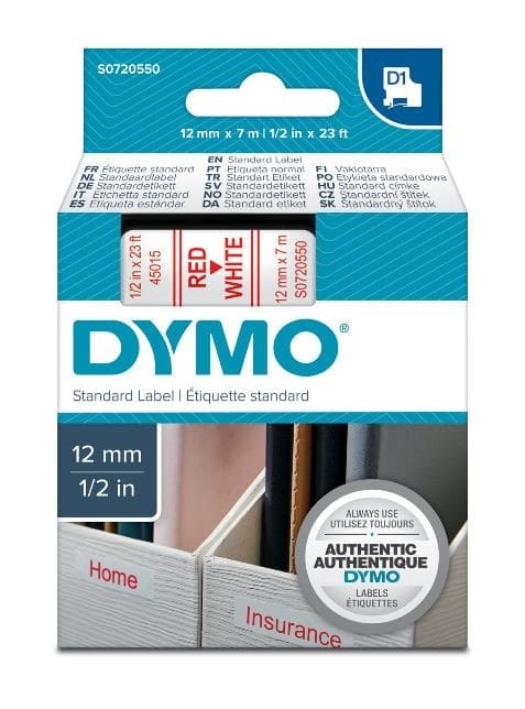 DYMO - Teippikasetti 12 mm x 7 m - PUNAINEN/VALKOINEN 45015