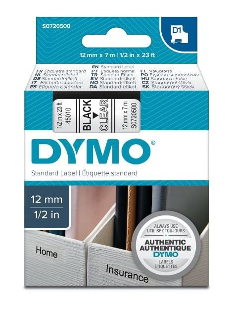 DYMO - Teippikasetti 12 mm x 7 m - MUSTA/KIRKAS 45010