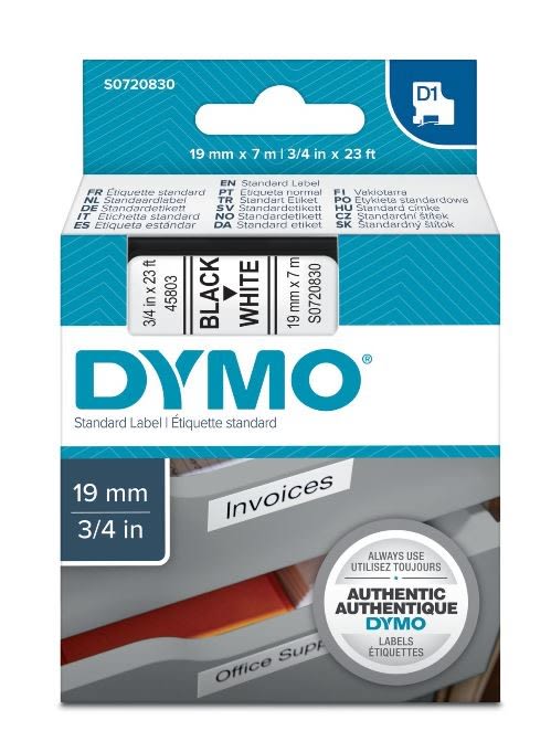DYMO - Teippikasetti 19 mm x 7 m - MUSTA/VALKOINEN 45803