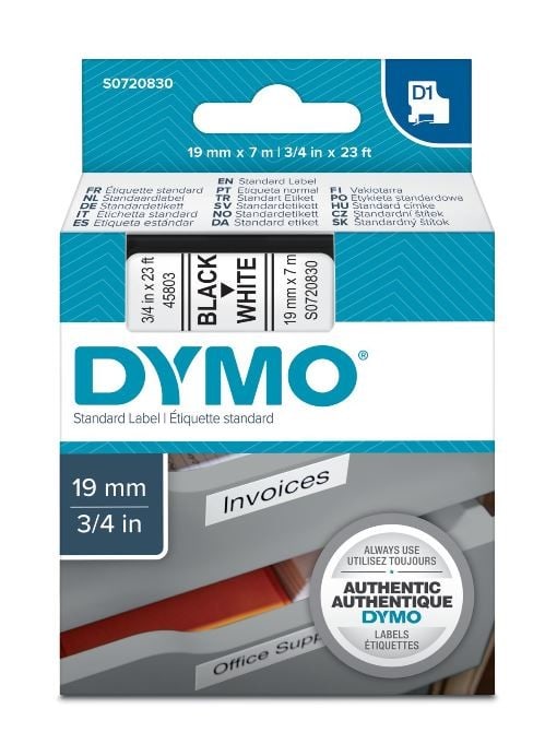 DYMO - Teippikasetti 19 mm x 7 m - MUSTA/VALKOINEN 45803