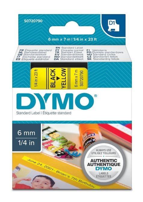 DYMO - Teippikasetti 6 mm x 7 m - MUSTA/KELTAINEN 43618