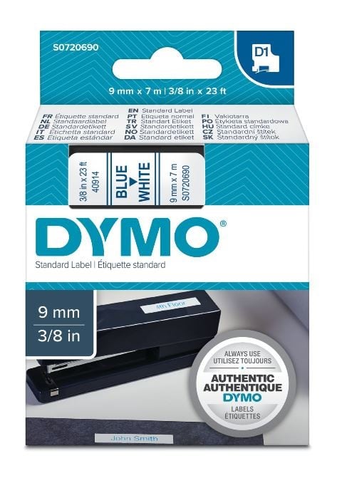 DYMO - Teippikasetti 9 mm x 7 m - SININEN/VALKOINEN 40914