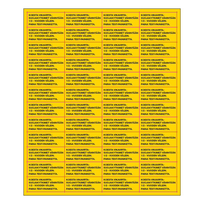SUOMEN TURVAKAUPPA - Merkintätarra - Koesta vikavirtasuojakyt 50x20
