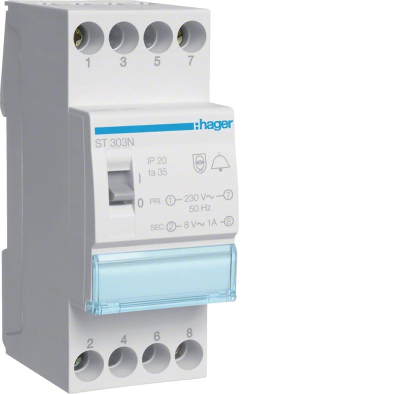 HAGER - Soittokellomuuntaja - ST303N 8VA 230/8/12VAC kytk
