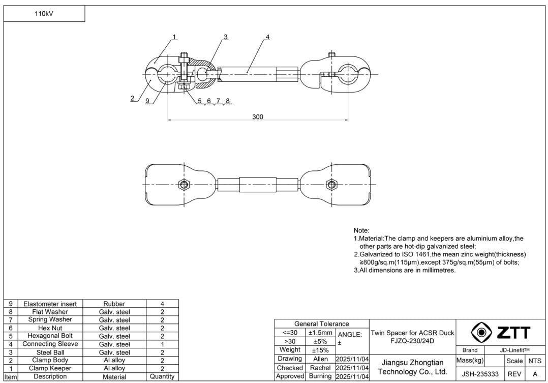 ZTT - Twin Spacer for ACSR Duck - Väliside 2xDuck 300 mm
