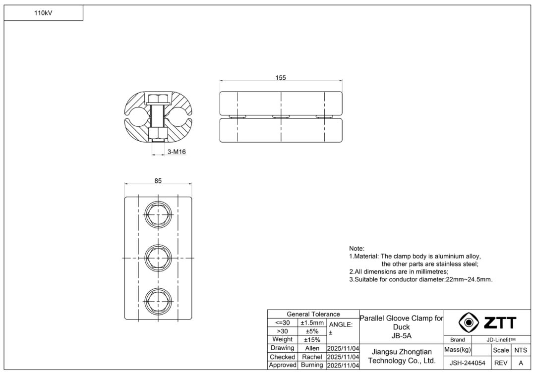 ZTT - Parallel Gloove Clamp for ACSR Duck - Rinnakkaisliitin Duck