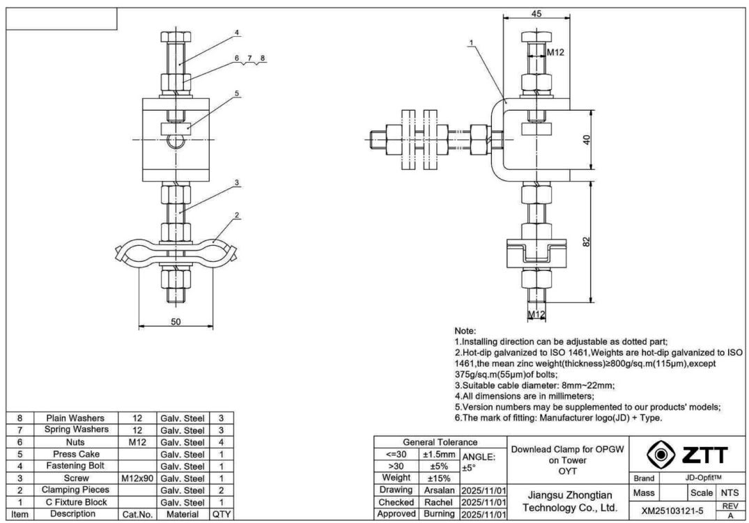 ZTT - Downlead Clamp for OPGW' - OPGW alastuontikiinnike