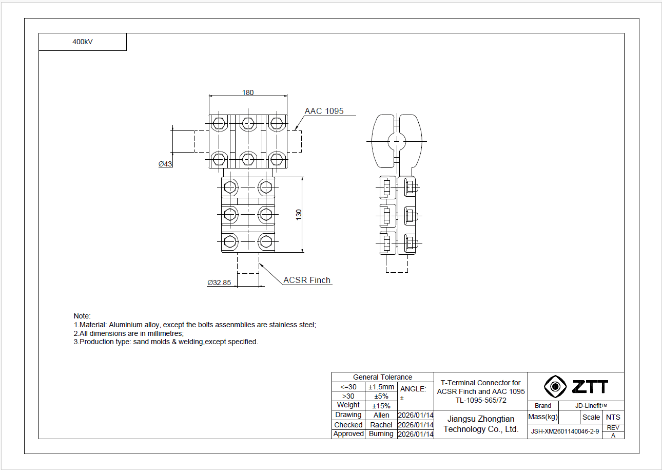 ZTT - T-connector, 1095 AL-Finch - T-liitin Finch-Al1095